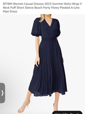 Women’s Navy Pleated Midi Dress with Puff Sleeves